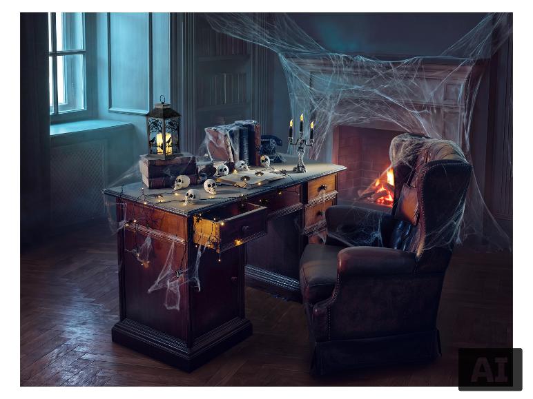 Halloween-LED-Laterne mit Kerzen und Totenköpfen auf einem schaurigen Schreibtisch. [KI-generiertes Bild]