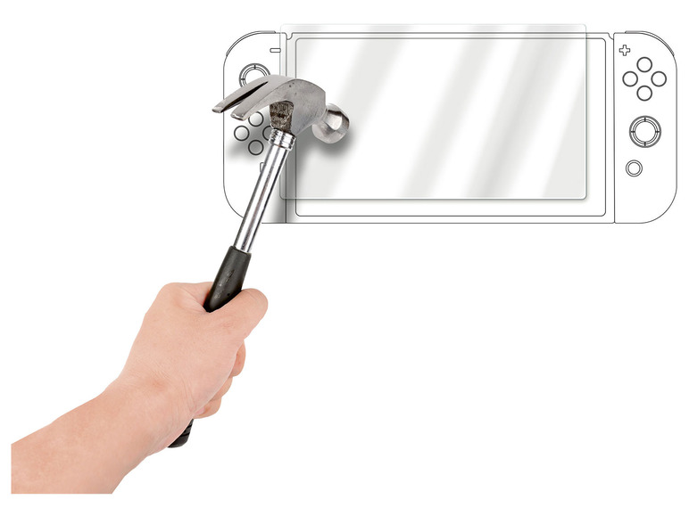 Eine Hand schlägt mit einem Hammer auf eine Nintendo Switch Displayschutzfolie.