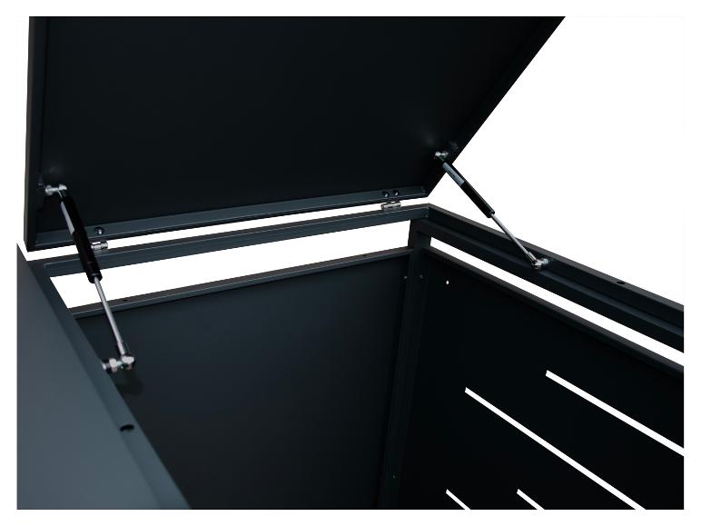 Innenansicht einer dunkelgrauen Aufbewahrungsbox mit Gasdruckfedern