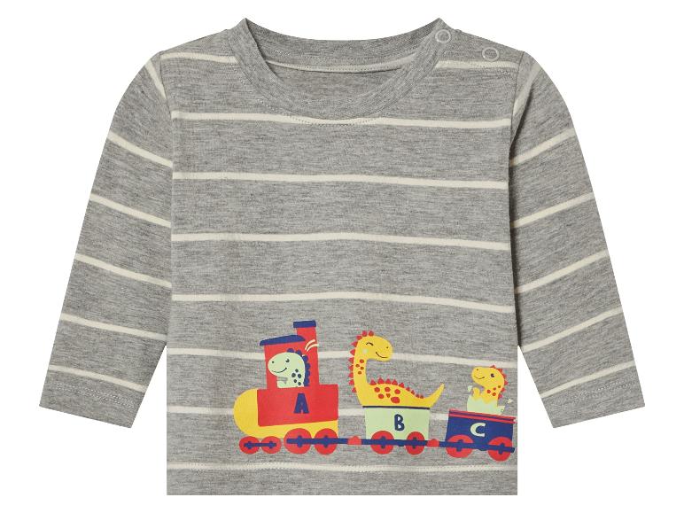 Gestreiftes Baby-Shirt mit Dinosauriern auf einem Zug.