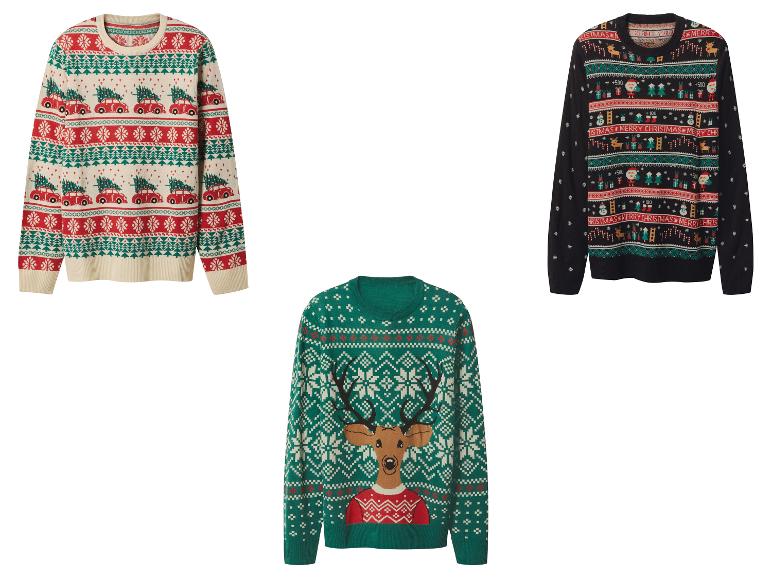 Drei festliche Weihnachtspullover: einer mit roten Autos, einer mit einem Rentier und einer mit verschiedenen Feiertagsmotiven.