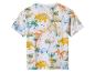 Weißes T-Shirt mit farbenfrohem Dinosaurier- und Palmenmuster.