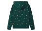 Dunkelgrüner Kapuzenpullover mit Aufdruck von roten Autos und Weihnachtsbäumen.