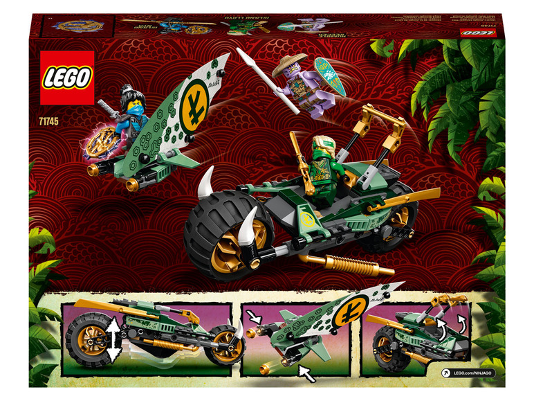 LEGO Ninjago Set mit einem grünen Motorrad und einem Flugzeug.
