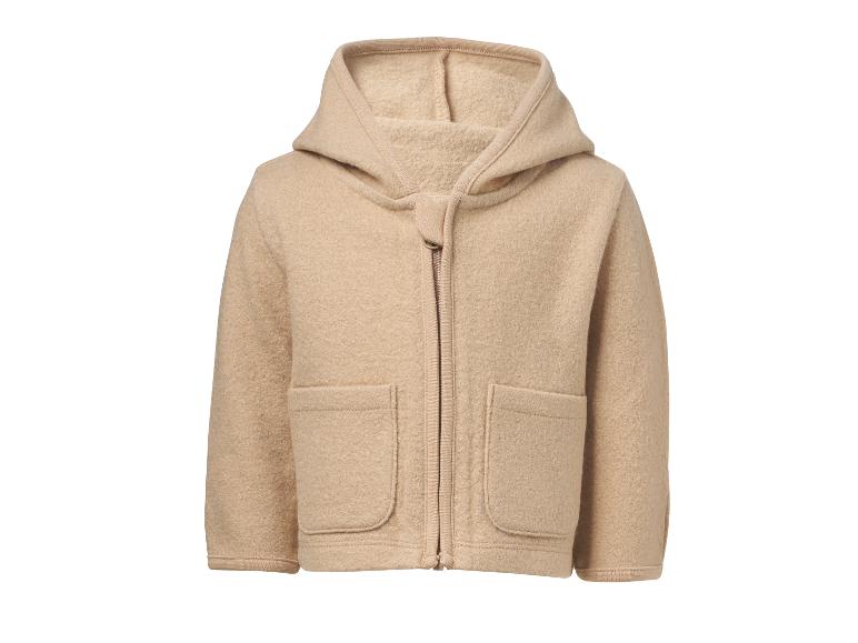 Beige Kinder-Kapuzenjacke mit Reißverschluss, aus weichem, wolligem Stoff.