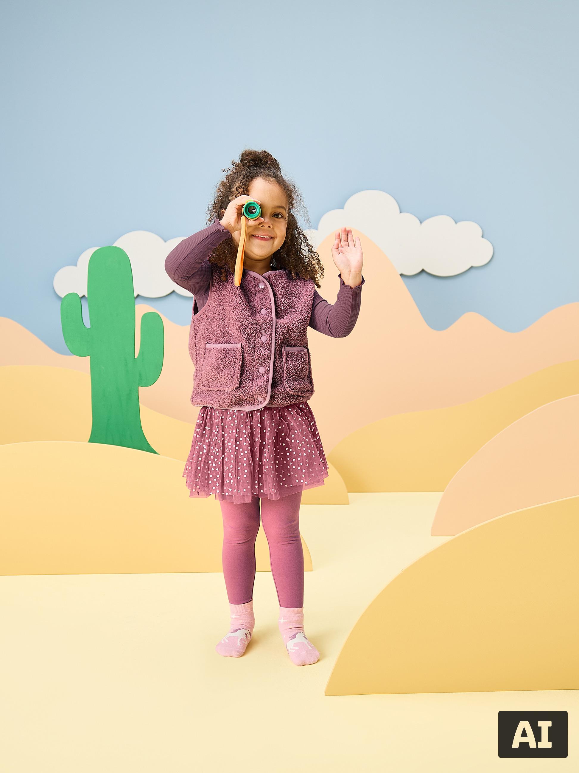 Mädchen in rosa Weste und Rock, spielt mit Fernglas in einer Wüstenlandschaft.