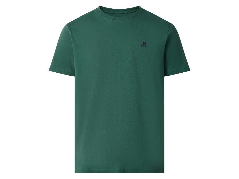 Grünes Kurzarm-T-Shirt mit kleinem gesticktem Logo auf der Brust.