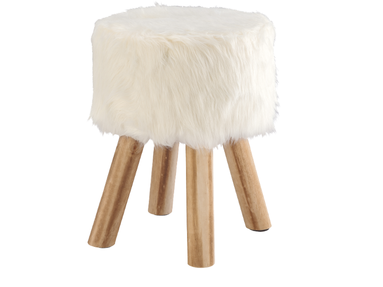Weißer flauschiger Hocker mit Holzbeinen