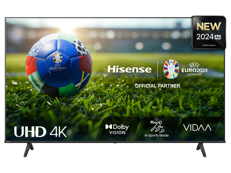Ein Hisense 4K-Fernseher mit Dolby Vision und AI Sports Mode, offizieller Partner der UEFA EURO 2024.