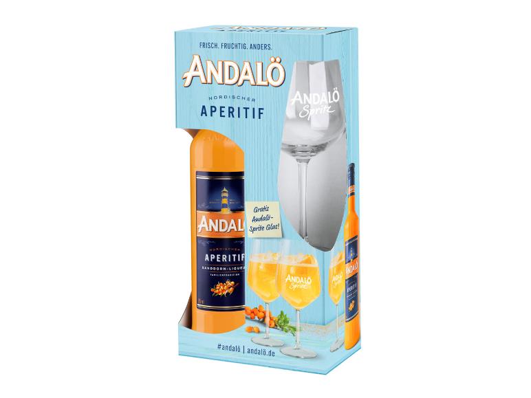 Andalö Aperitif-Geschenkset mit Glas und einer Literflasche Sanddornlikör.