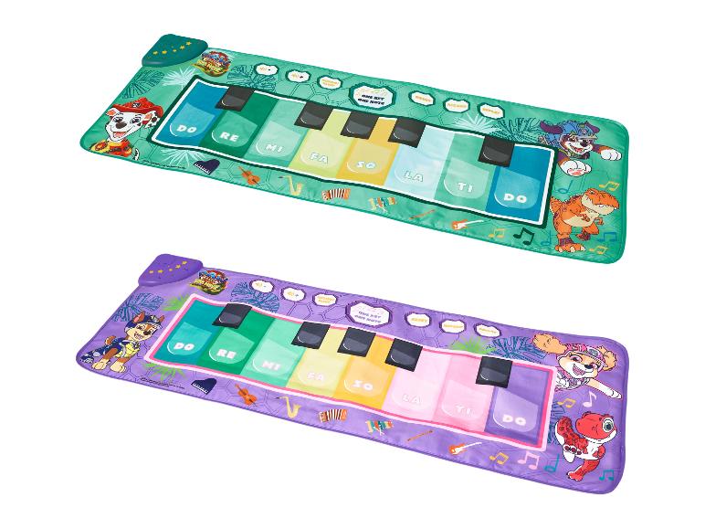 Zwei farbenfrohe Kinder-Klavierspielmatten mit Zeichentrickfiguren und Musiknoten.