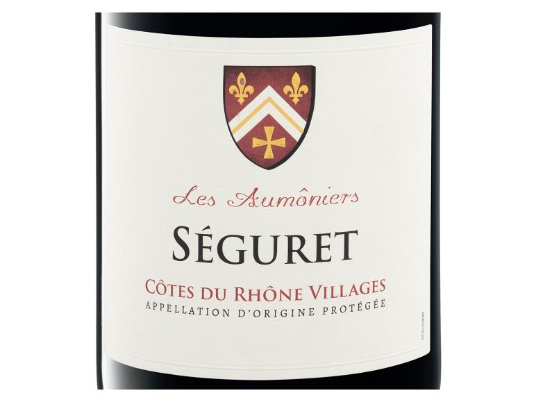 Etikett des Les Aumôniers Séguret Côtes du Rhône Villages Rotweins mit Wappen.