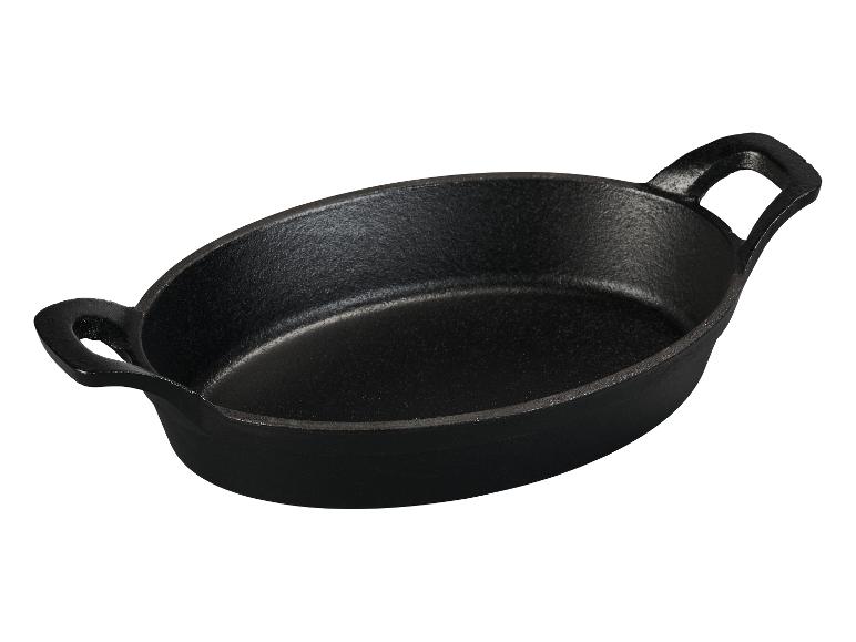 Schwarze, ovale Gusseisenpfanne mit zwei Griffen.