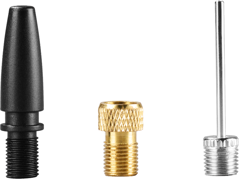 Set aus drei Pumpenadaptern: schwarzer Kunststoff, Messing und silberne Nadel zum Aufpumpen.