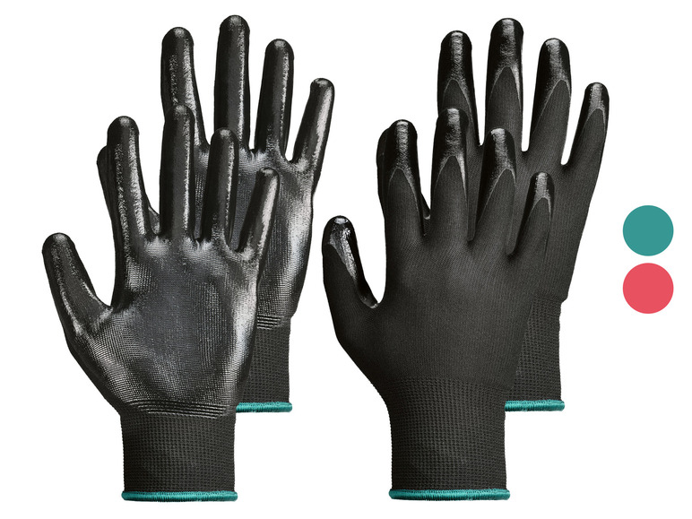 Zwei Paar schwarze Arbeitshandschuhe mit grünen Akzenten.