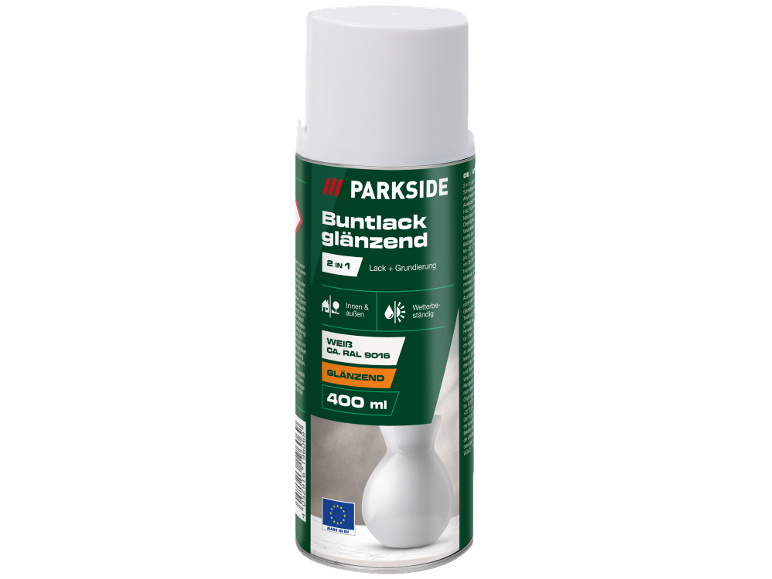 Weißer 2-in-1 Glanzlack als Spray für innen und außen, 400 ml.