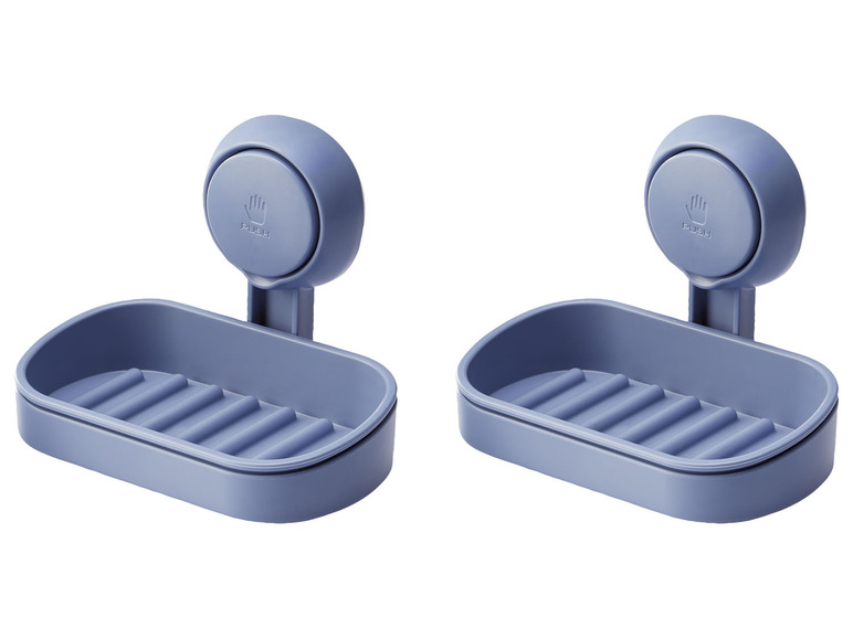 Zwei blaue Seifenspender mit Saugnapf, geeignet für das Badezimmer.