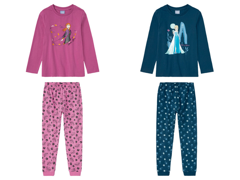 Zwei Frozen-Pyjamas, pink mit Anna und blau mit Elsa.