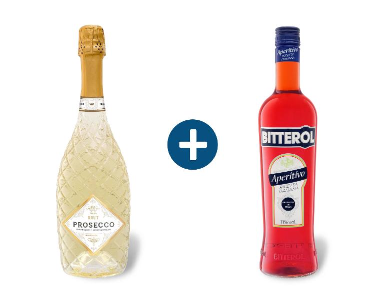 Flaschen Prosecco und Bitterol mit einem Pluszeichen dazwischen.