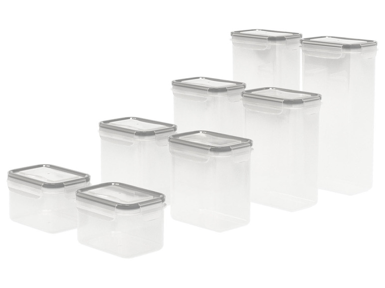 Ein Satz von sieben transparenten Plastikbehältern mit grauen Deckeln.