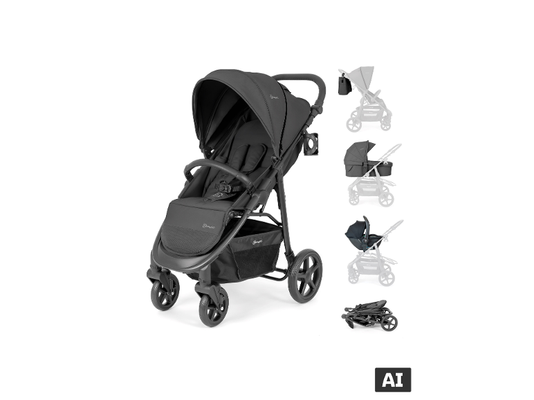 BABYGO Kinderwagen Evolution 3in1 Full Set in Schwarz mit verschiedenen Aufsätzen. [KI-generiertes Bild]