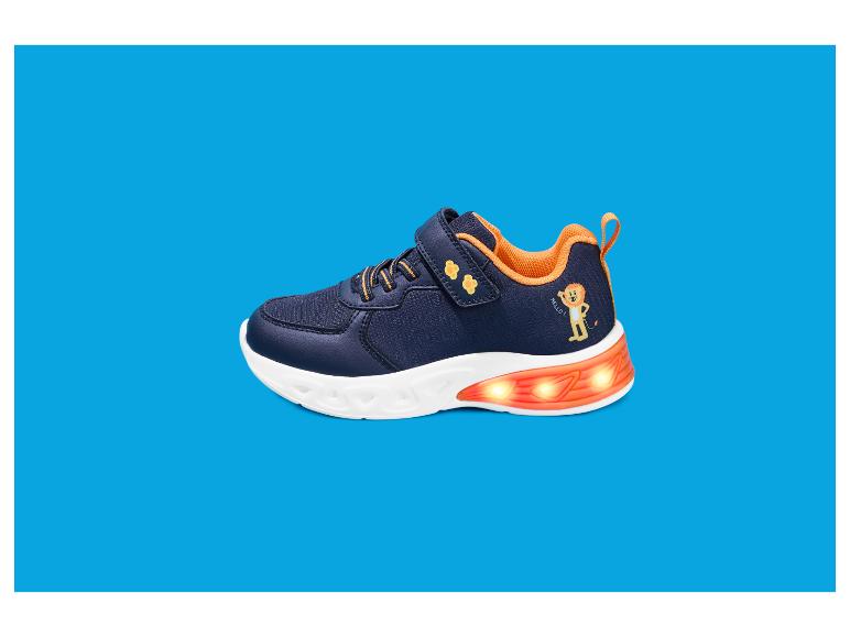 Dunkelblauer Kinderschuh mit orangefarbenen Akzenten, Klettverschluss und einem Cartoon-Löwen.