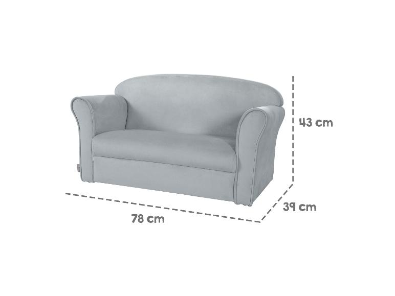 Graues Kindersofa mit Maßen von 78 cm (Breite), 43 cm (Höhe) und 39 cm (Tiefe).