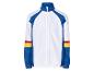 Weiß-blaue Sportjacke mit Retro-Farbakzenten.