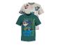 Zwei Kinder-T-Shirts, eines weiß mit Welpenmuster und eines grün mit einem Welpen und dem Text „WE'VE GOT DINOS TO SAVE! PAW PATROL“.
