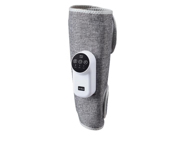Graue Massage-Kniebandage mit weißem Bedienfeld und Digitalanzeige.