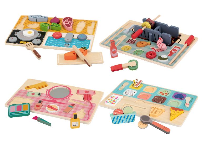 Holzspielsets mit Koch-, Grill-, Make-up- und Eiscreme-Themen.