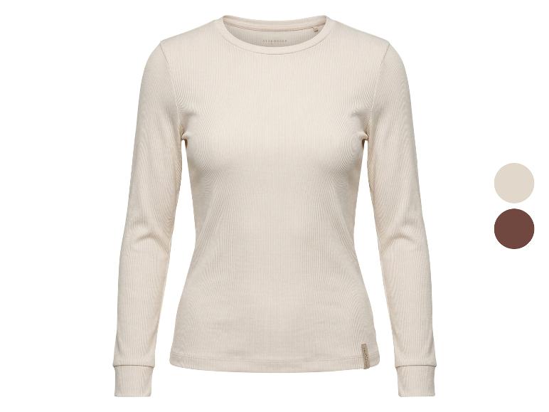 Hellbeiges geripptes Langarm-T-Shirt für Damen, mit zwei Farbmustern.