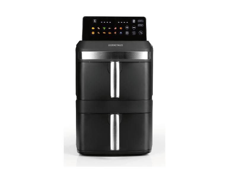 Schwarze Doppel-Heißluftfritteuse mit Digitalanzeige und Lebensmittelsymbolen.