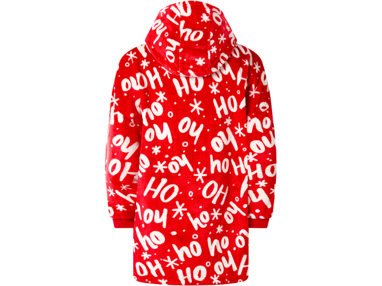 Roter Fleece-Hoodie mit Kapuze und festlichem 'Ho Ho Ho'-Muster.
