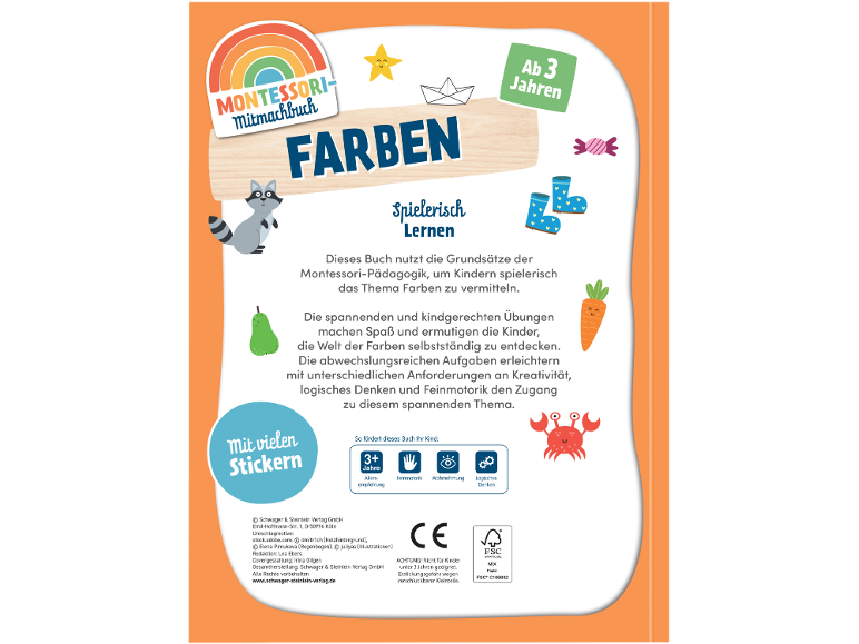 Montessori-Mitmachbuch über Farben, spielerisches Lernen ab 3 Jahren, mit Stickern.