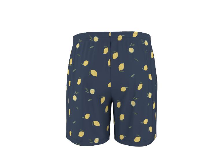 Blaue Badeshorts mit Zitronen- und Blättermuster.