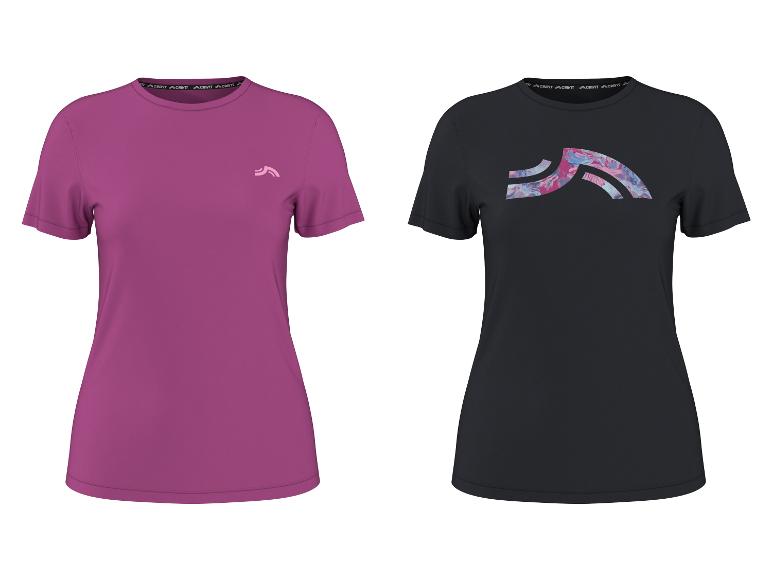 Zwei Damen-Sport-T-Shirts: ein einfarbiges lila und ein schwarzes mit abstraktem Muster.