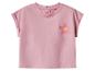 Rosa Kurzarm-T-Shirt mit rosa und gelbem Blumendruck.
