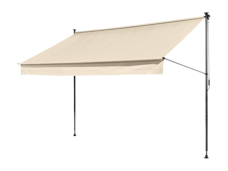 Beige Markise mit schwarzem Rahmen und Stützbeinen, wandmontiert