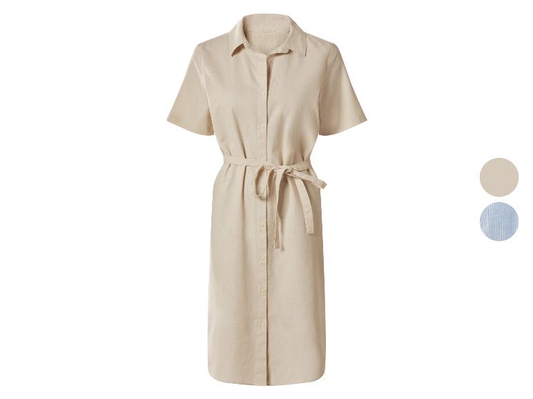 Beiges Damen-Hemdblusenkleid mit kurzen Ärmeln und Gürtel, mit Farbmustern.