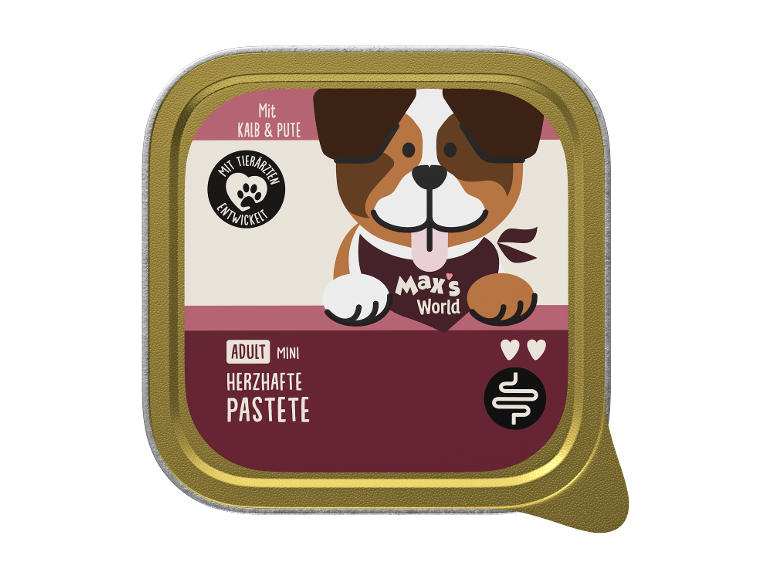 Hundefutterverpackung mit Cartoon-Hund und Text: „ADULT MINI HERZHAFTE PASTETE“.