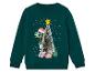 Ein dunkelgrüner Weihnachtspullover mit einem Dinosaurier, der einen Weihnachtsbaum hält.