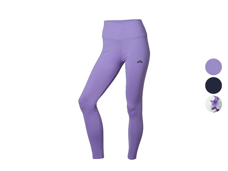 Lila Damen-Leggings mit schwarzem Logo am rechten Oberschenkel und Farbpalette.