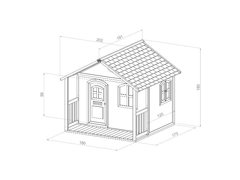 Spielhaus aus Holz mit Veranda und Satteldach, Maße 180x173x191 cm.