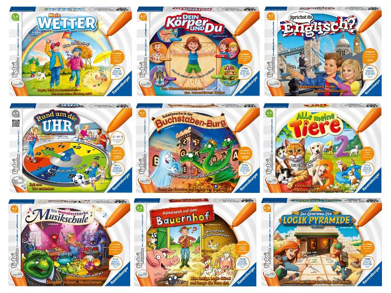 Neun Lernspiele für Kinder mit Themen wie Wetter, menschlicher Körper, Englisch und Tiere.