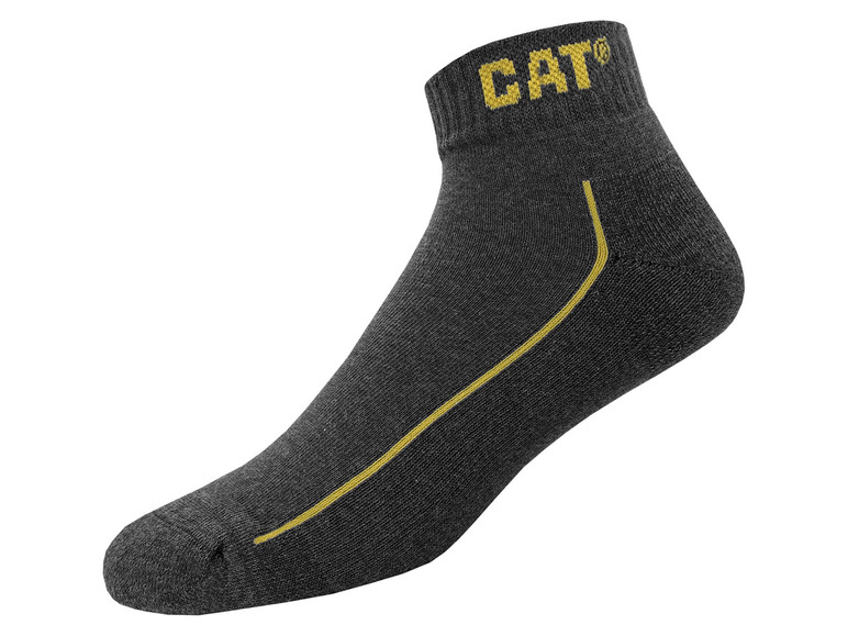 Graue CAT Socken mit gelben Akzenten.
