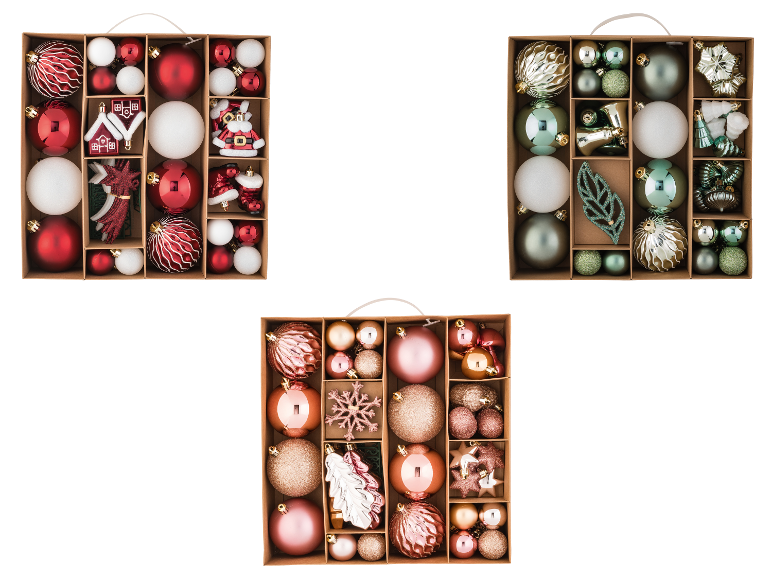 LIVARNO home 51-teilige Weihnachtsschmuck-Sets in den Farben Rot, Grün und Rosa.