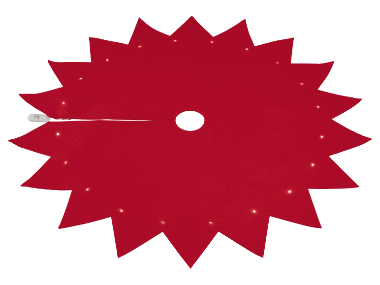 Roter sternförmiger Weihnachtsbaumrock mit integrierten LED-Lichtern und weißem Batteriefach.