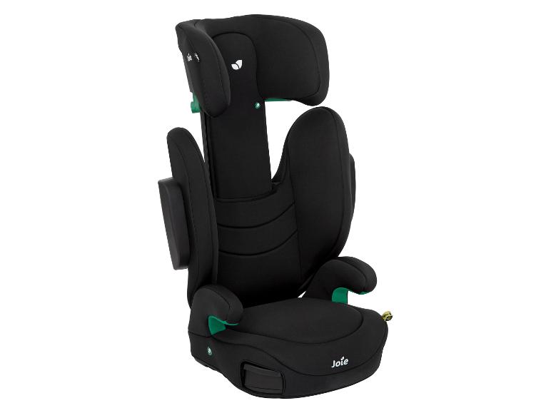 Schwarzer Joie Kindersitz mit grünen Details, Seitenansicht.