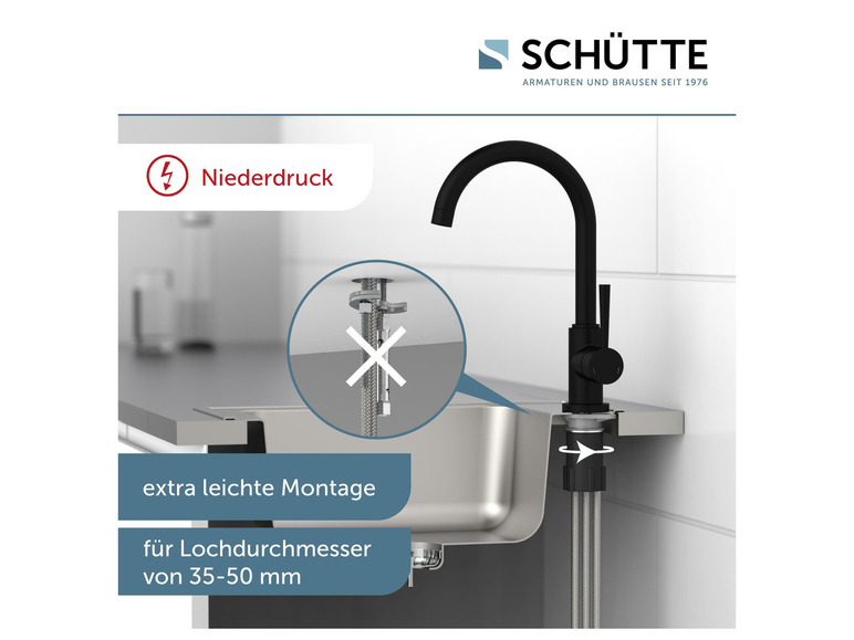 Eine schwarze Schütte-Küchenarmatur mit einfacher Montage.